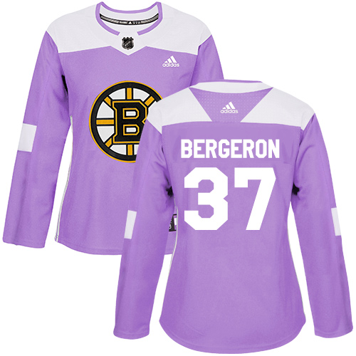Adidas Bruins #37 Patrice Bergeron Purple Authentic Fights Cancer Women's Stitched NHL Jersey - Click Image to Close